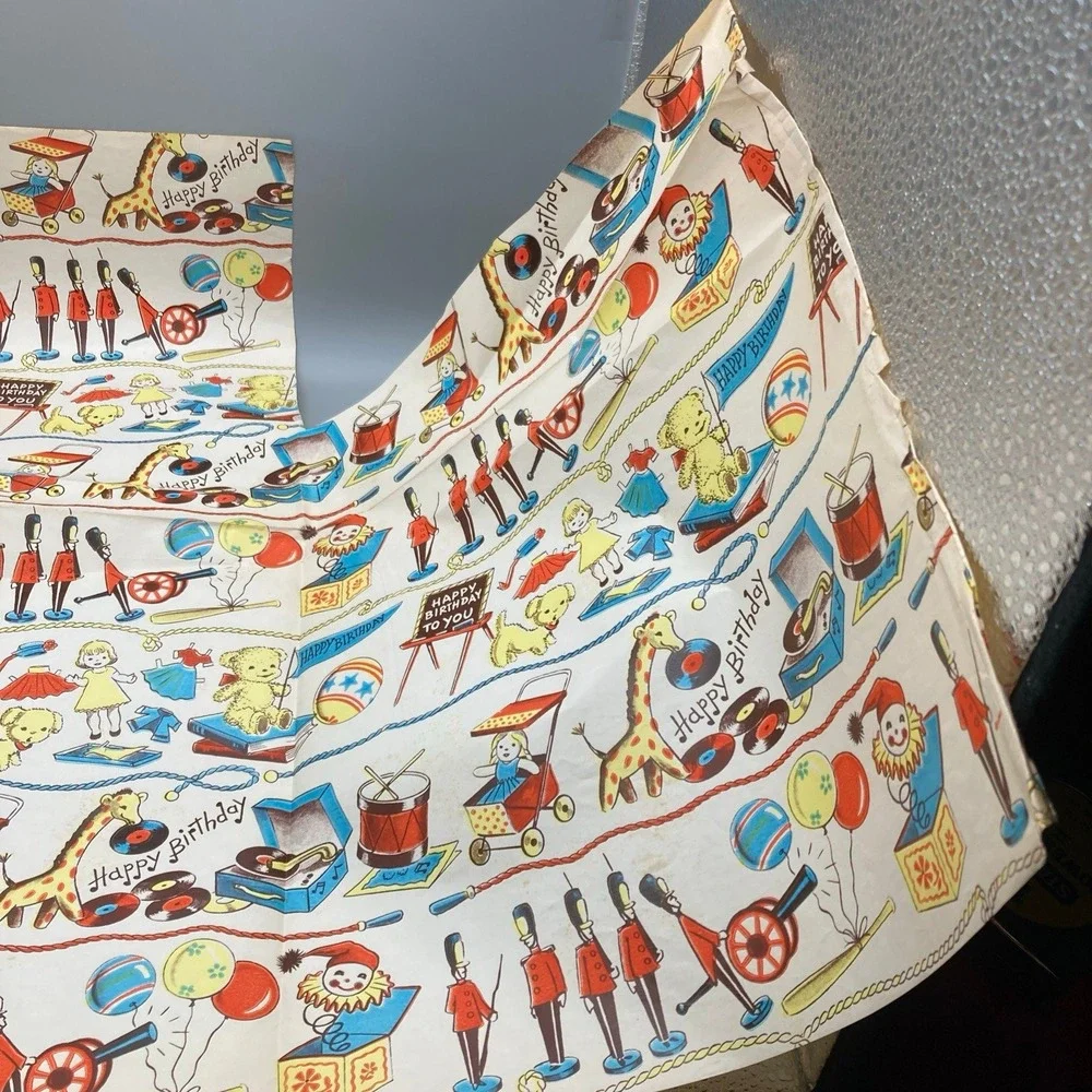 Vintage Child's Birthday Partial Sheet of Paper Gift Wrap Doll Soldier Balloons